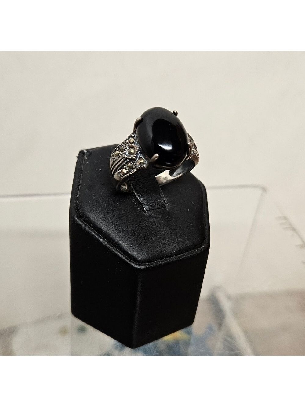Vintage Unisex Avon Black Onyx and Marcasite Sterling 925 Ring, Size 10